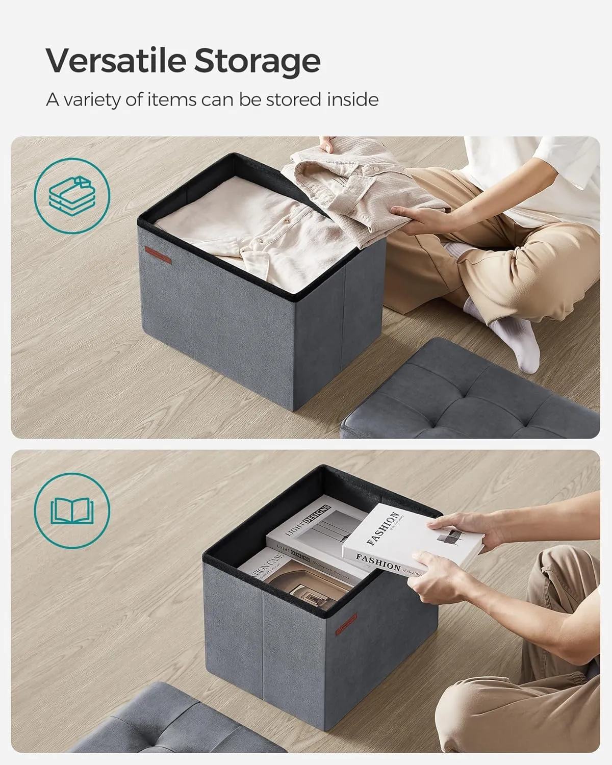 SONGMICS Storage Ottoman, Foldable Small Ottoman Foot Rest, 12.2 x 16.1 Inches Foot Stool, Load up to 286 lb, for Living Room, Bedroom, Dorm, Slate Gray ULSF200G01