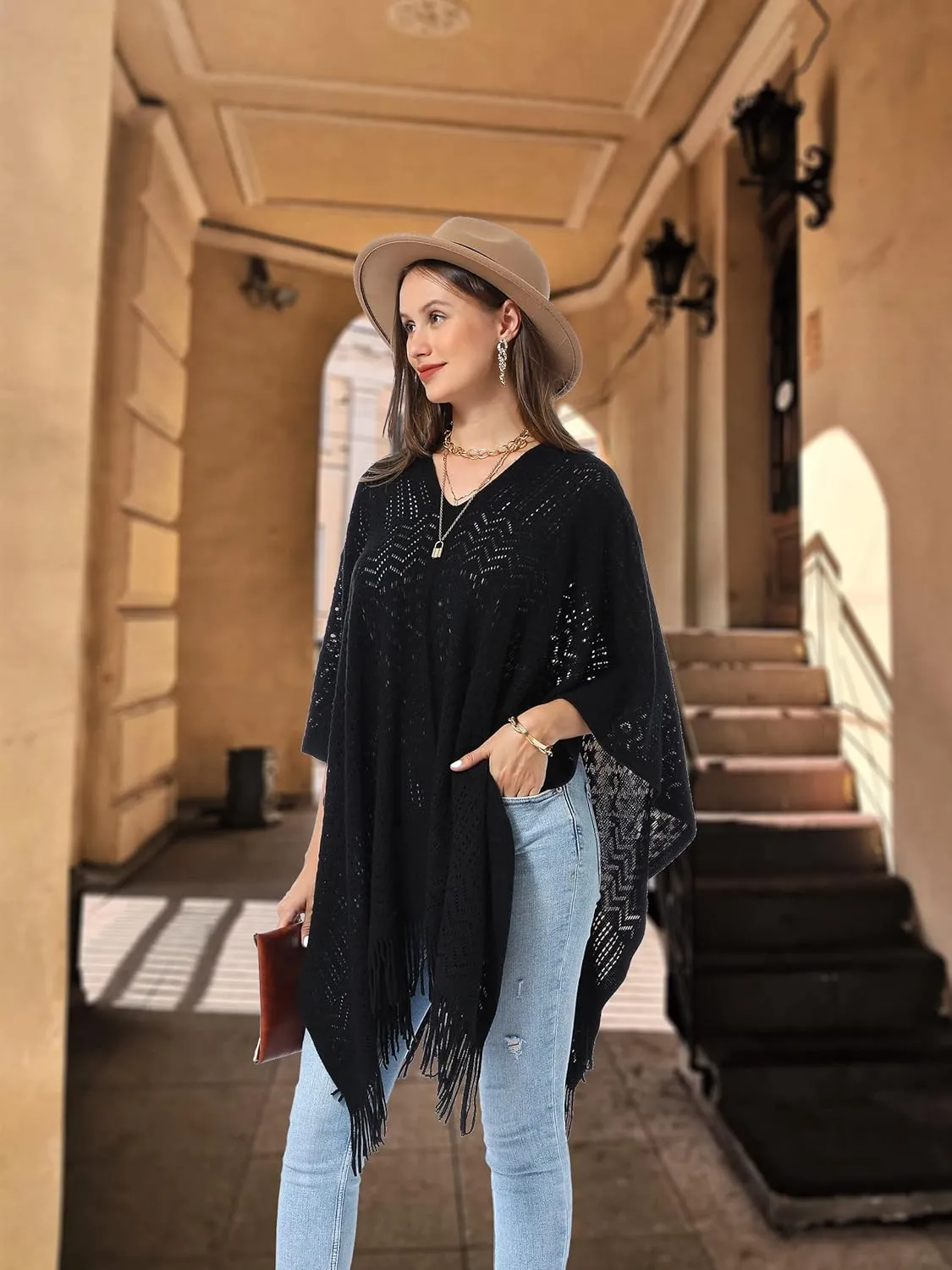 Soul Young Knitted Poncho Sweater for Women Ladies Pullover Wraps Cozy Topper shawl Cape