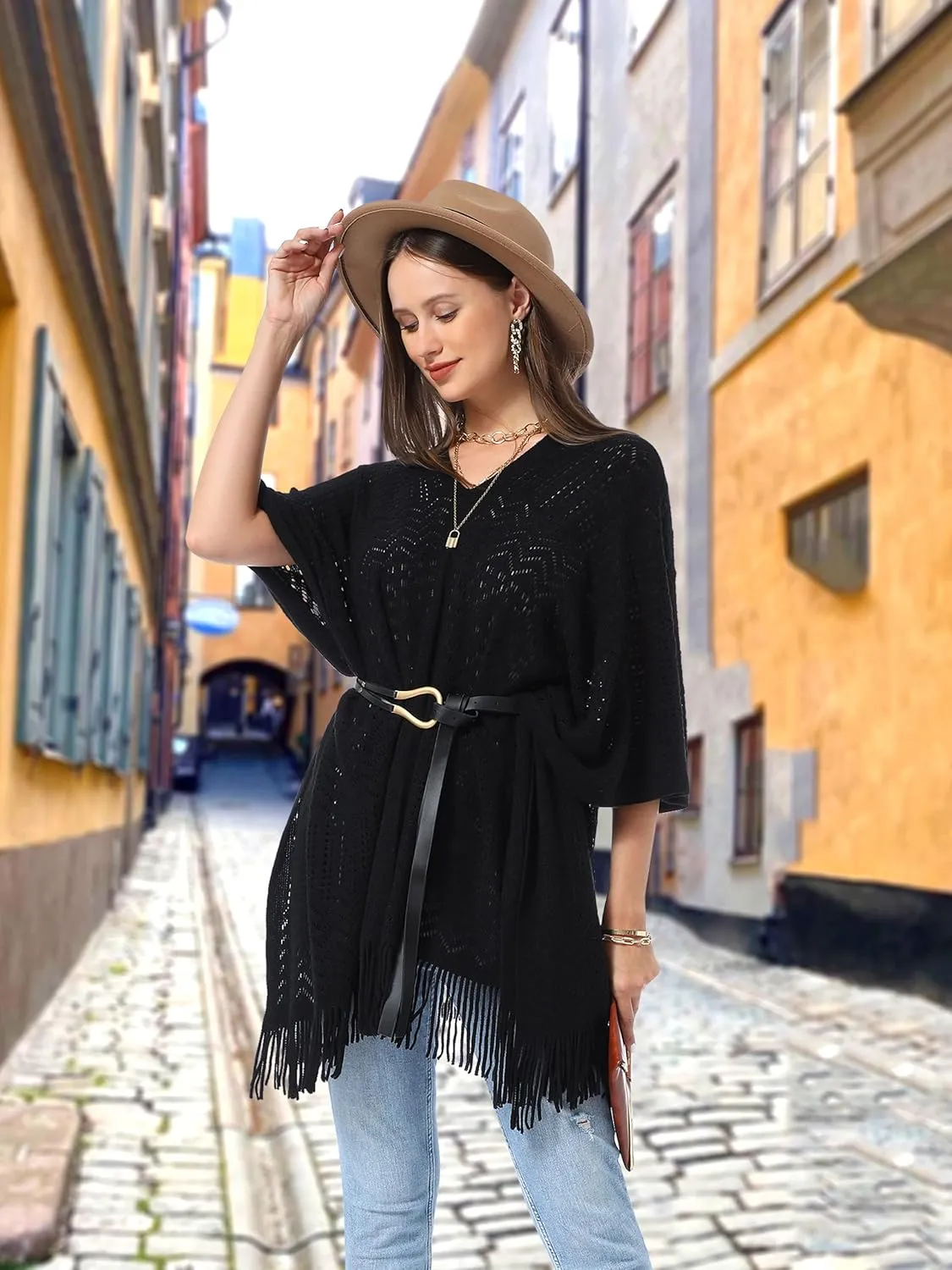 Soul Young Knitted Poncho Sweater for Women Ladies Pullover Wraps Cozy Topper shawl Cape