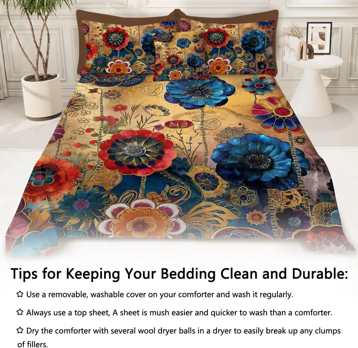 SOULZZZ Garden Flower Bed in A Bag Full Blue Red Floral 8 Piece Comforter Set Cozy Halloween Christmas Bedding with 1 Flat Sheet, 1 Fitted Sheet, 2 Pillowcases, 2 Pillow Shams and 1 Cushion Cover