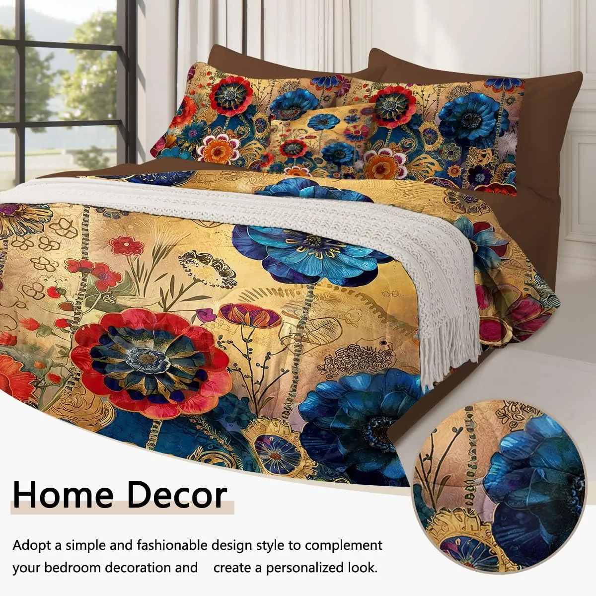 SOULZZZ Garden Flower Bed in A Bag Full Blue Red Floral 8 Piece Comforter Set Cozy Halloween Christmas Bedding with 1 Flat Sheet, 1 Fitted Sheet, 2 Pillowcases, 2 Pillow Shams and 1 Cushion Cover