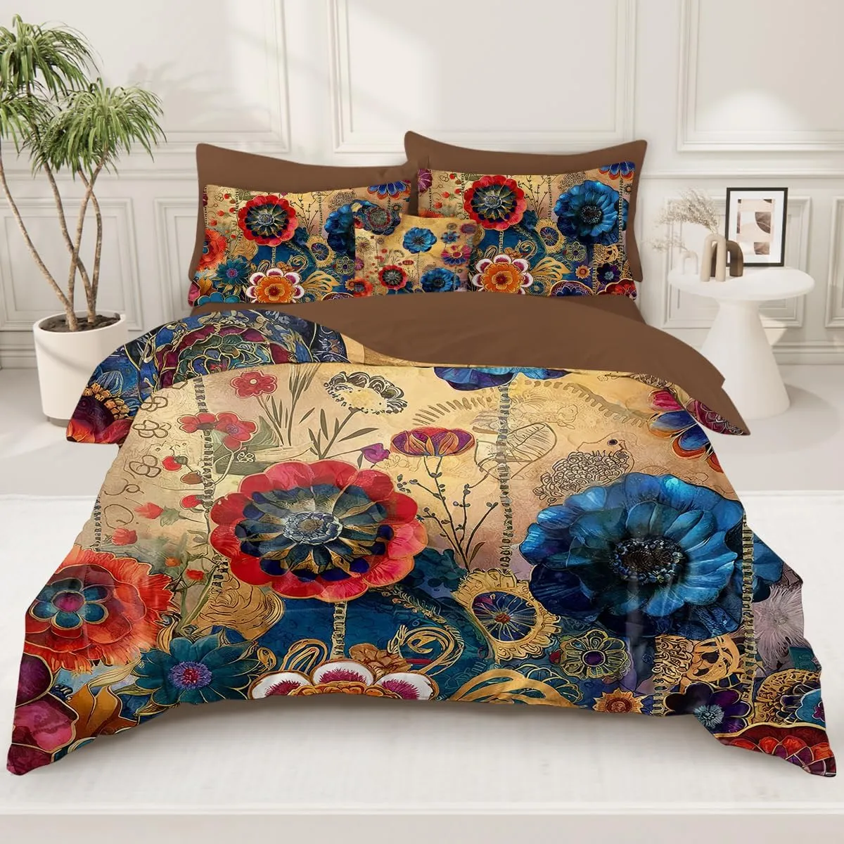 SOULZZZ Garden Flower Bed in A Bag Full Blue Red Floral 8 Piece Comforter Set Cozy Halloween Christmas Bedding with 1 Flat Sheet, 1 Fitted Sheet, 2 Pillowcases, 2 Pillow Shams and 1 Cushion Cover