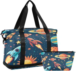 Space Theme Duffel Bag Lightweight Carry On Gym Bags for Travel and Weekends, Versatile Overnight Bag with Shoe Compartment