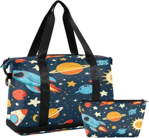 Space Theme Duffel Bag Lightweight Carry On Gym Bags for Travel and Weekends, Versatile Overnight Bag with Shoe Compartment