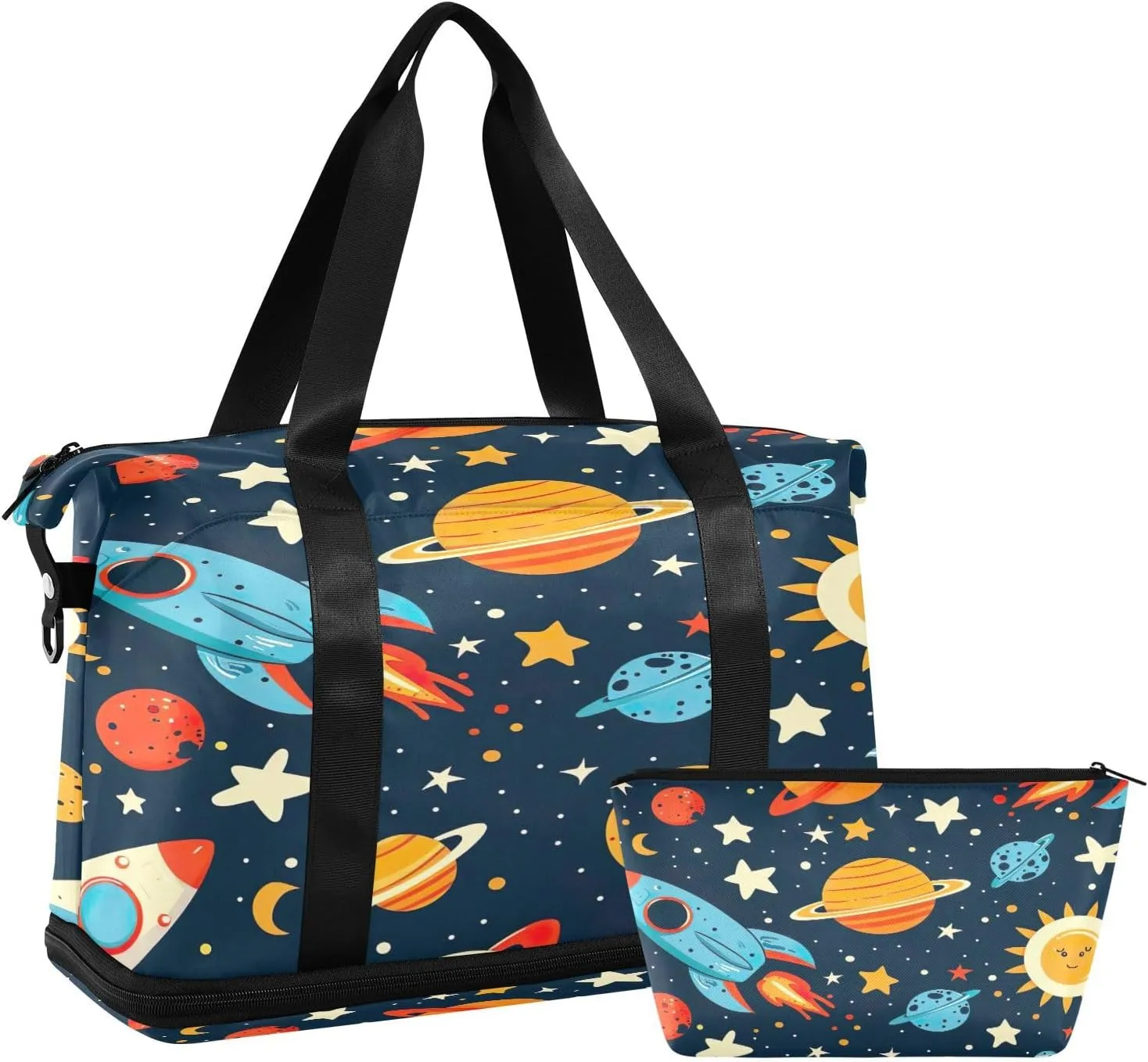 Space Theme Duffel Bag Lightweight Carry On Gym Bags for Travel and Weekends, Versatile Overnight Bag with Shoe Compartment