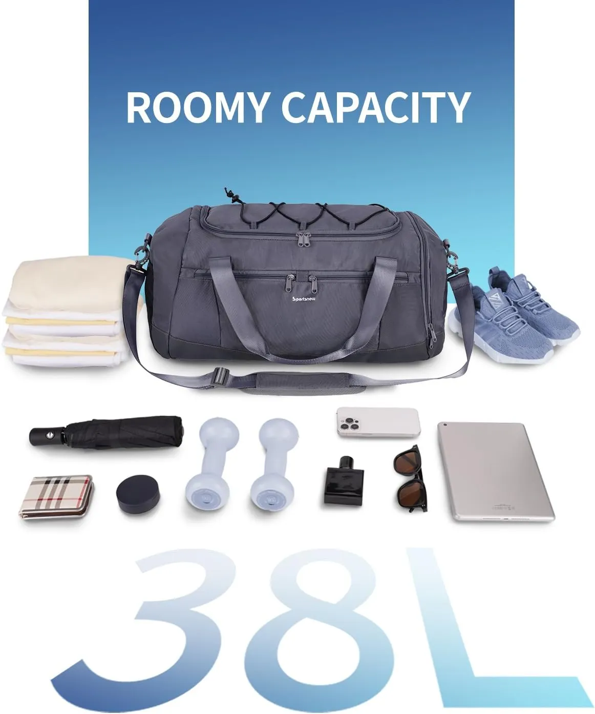 sportsnew Gym Bag for Men Women with Shoe Compartment,Overnight Bag Backpack with Wet Pocket,38L Travel Duffel with 15.6" Laptop Pocket and Trolley Sleeve for Travel,Workout,Patent Pending