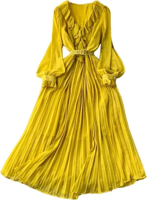Spring Elegant Dress for Women French Mushrooms Edged Loose Chiffon Long Sleeve Long Dresses