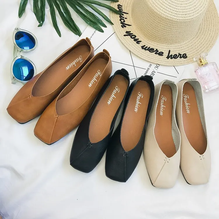 Square Toe Flat Bottom Versatile Single-layer Shoes Women