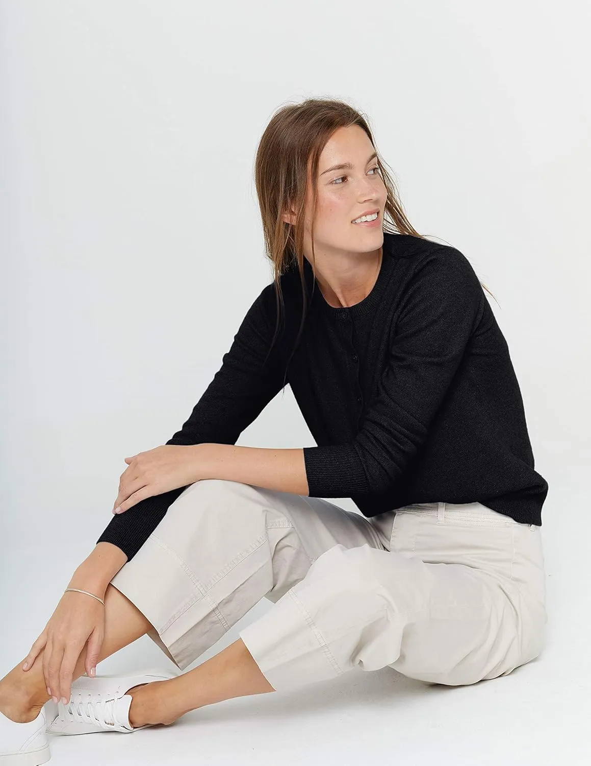 State Cashmere Women's 100% Pure Cashmere Button Front Long Sleeve Crew Neck Cardigan Sweater