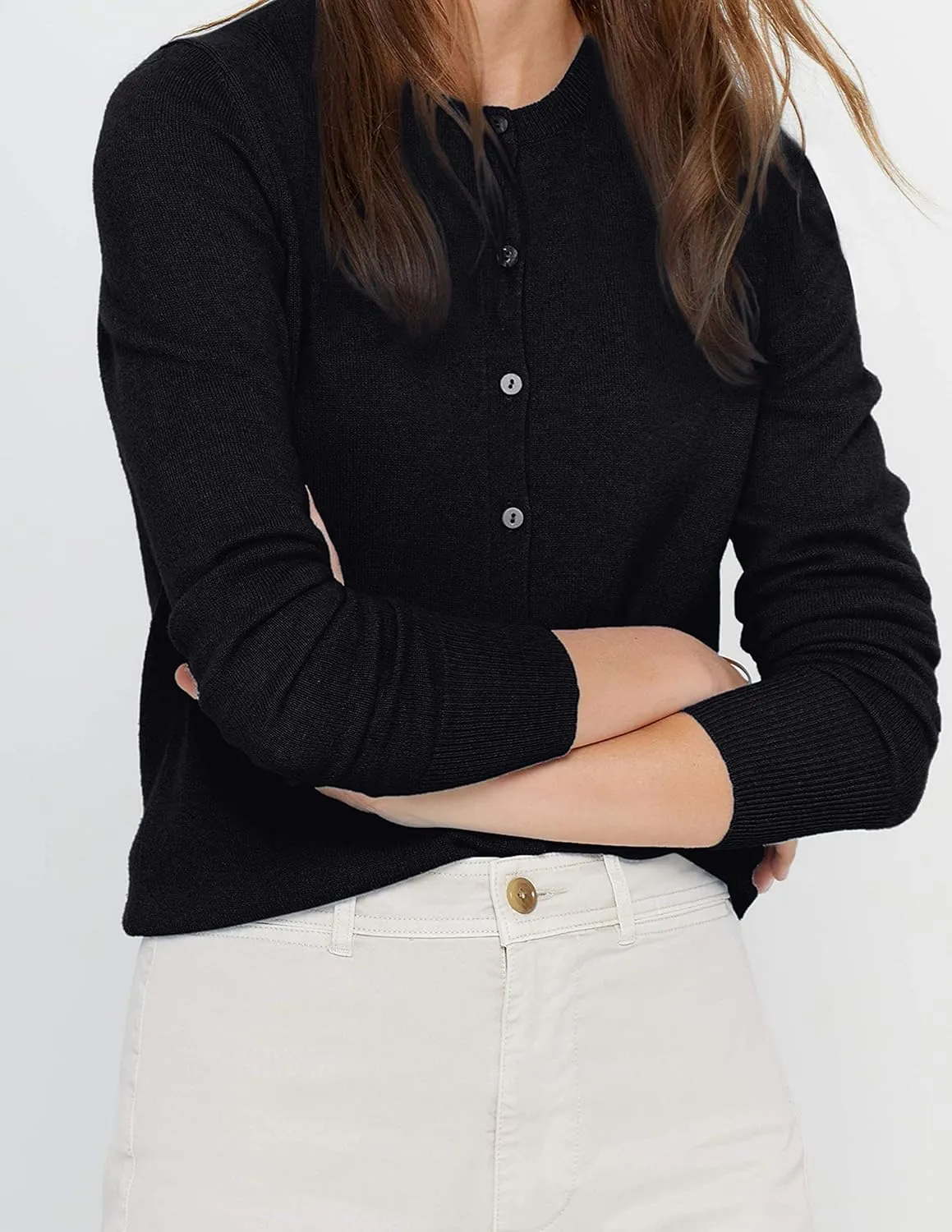 State Cashmere Women's 100% Pure Cashmere Button Front Long Sleeve Crew Neck Cardigan Sweater