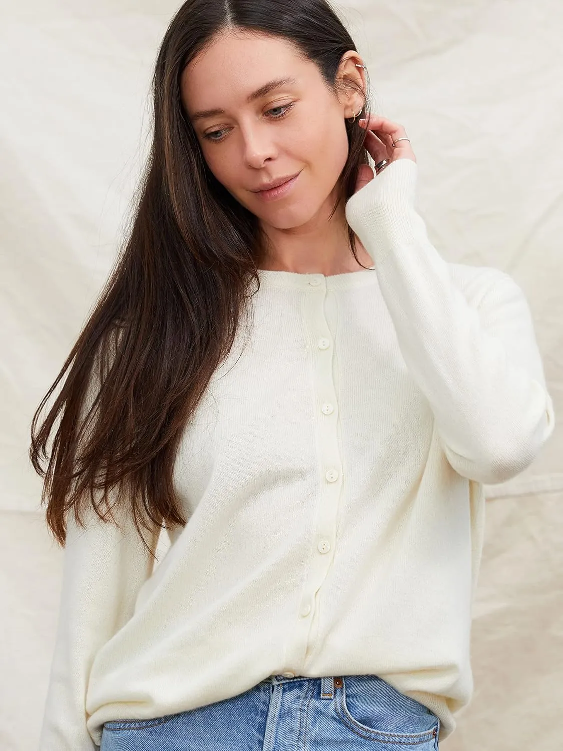 State Cashmere Women's 100% Pure Cashmere Button Front Long Sleeve Crew Neck Cardigan Sweater