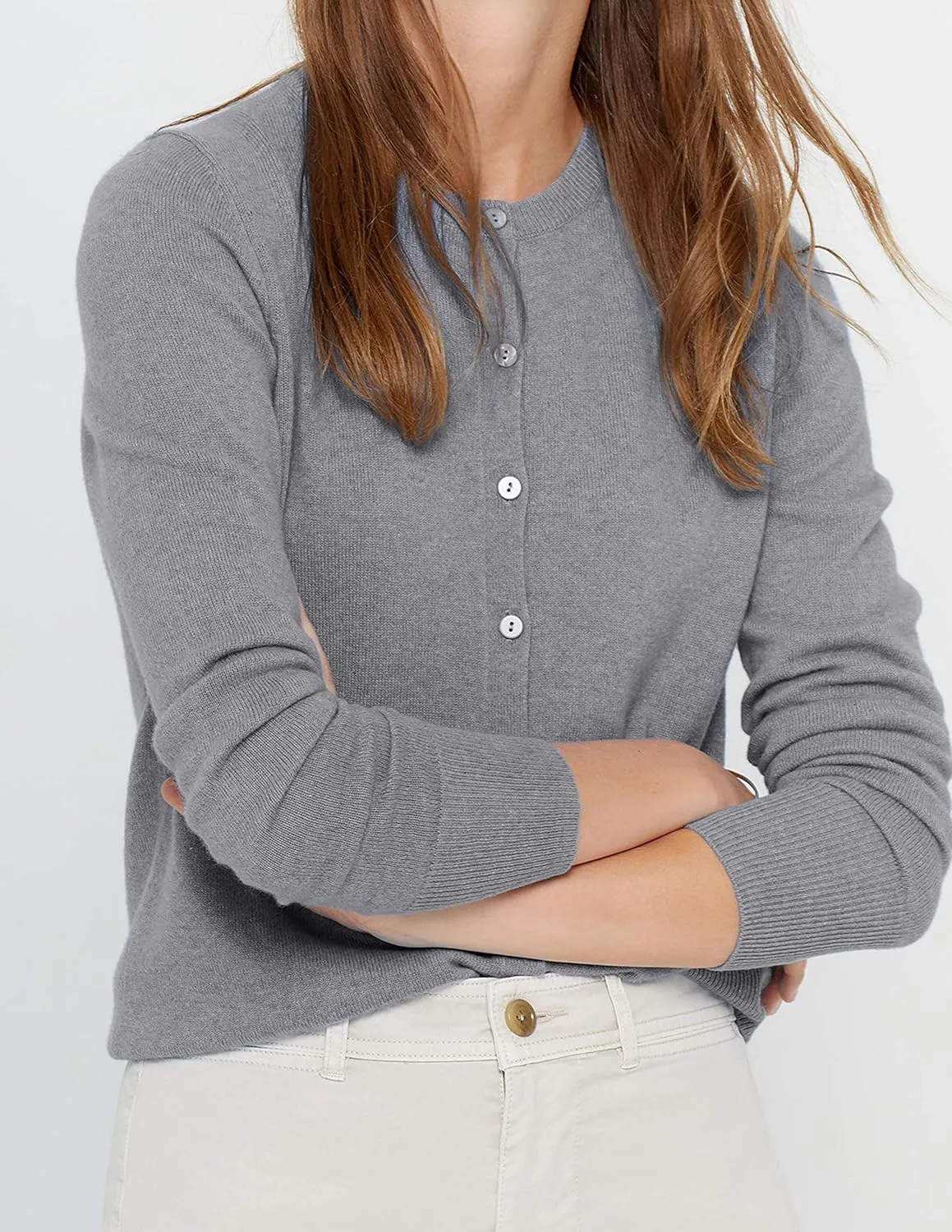 State Cashmere Women's 100% Pure Cashmere Button Front Long Sleeve Crew Neck Cardigan Sweater