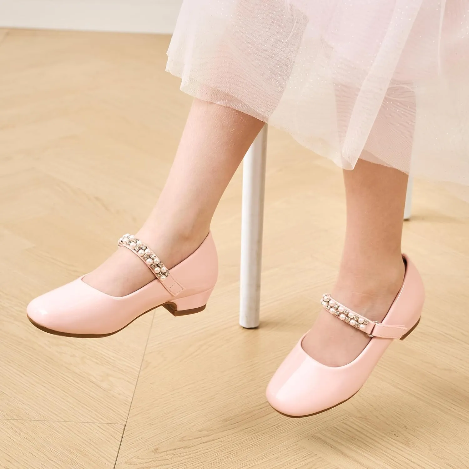 Stelle Girls Dress Shoes White Flower Girl Shoe Mary Jane Low Heels for Wedding (Toddler/Little/Big Kid)