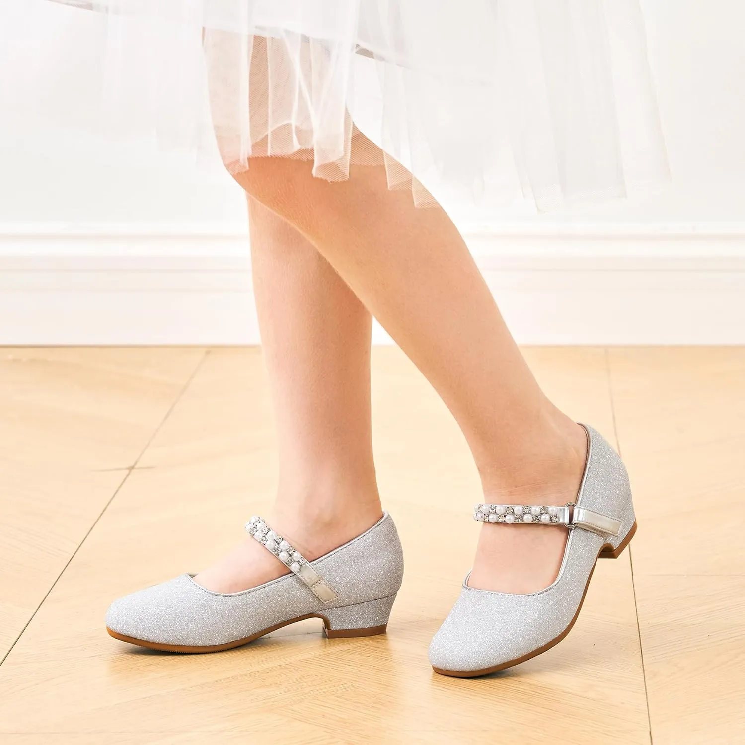 Stelle Girls Dress Shoes White Flower Girl Shoe Mary Jane Low Heels for Wedding (Toddler/Little/Big Kid)