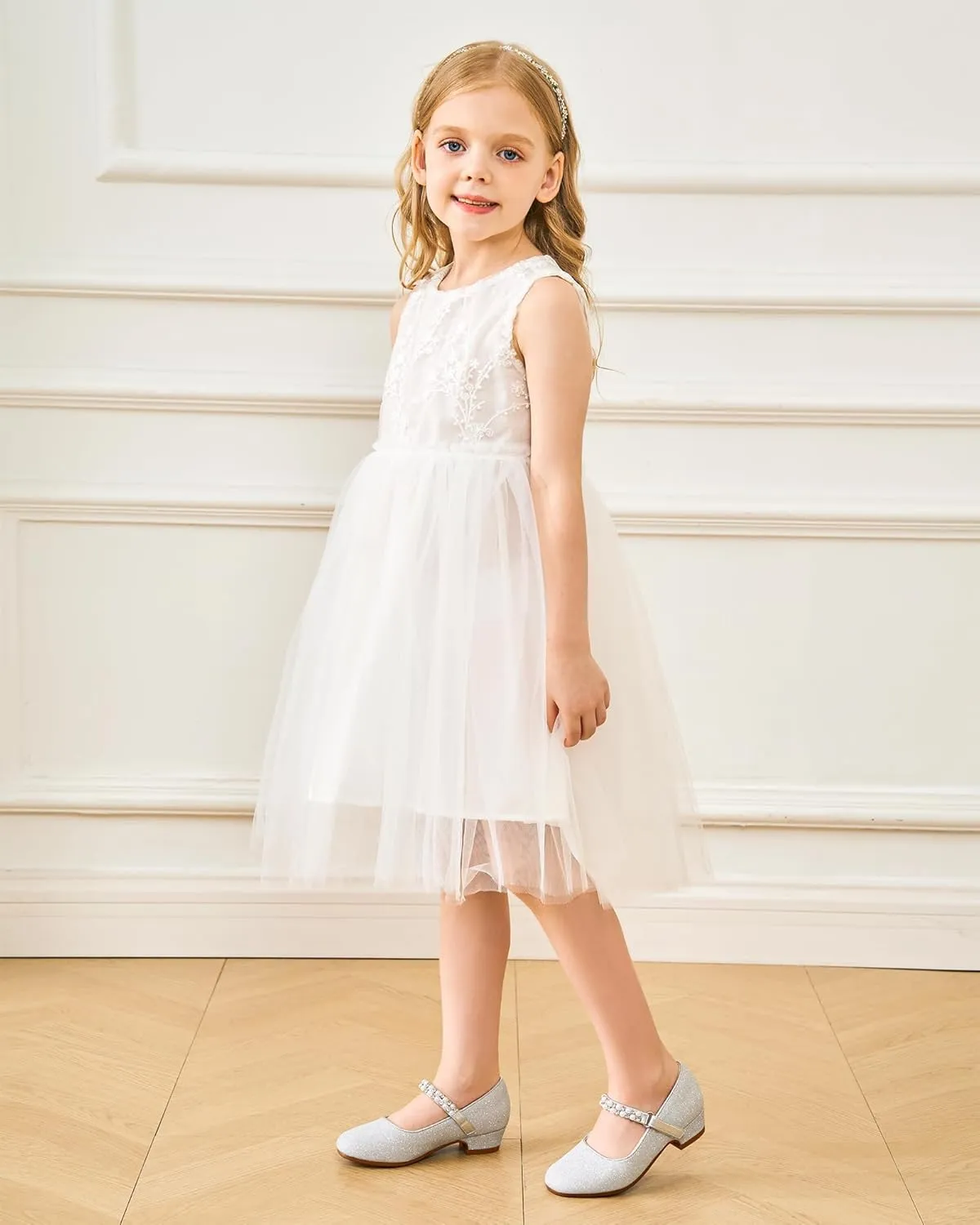 Stelle Girls Dress Shoes White Flower Girl Shoe Mary Jane Low Heels for Wedding (Toddler/Little/Big Kid)