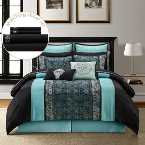 Stratford Park Black & Teal Comforter Set Queen Size, Classic Jacquard Bedding Sets, Faux Silk, Premium Microfiber, 12 Pieces Bed in a Bag, Matching Fitted Sheet, Flat Sheet