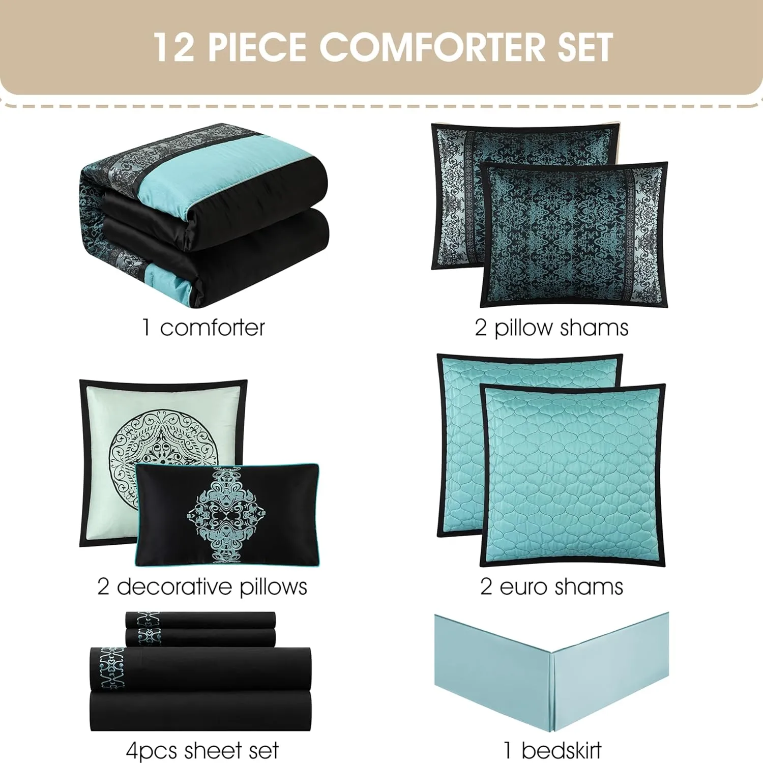 Stratford Park Black & Teal Comforter Set Queen Size, Classic Jacquard Bedding Sets, Faux Silk, Premium Microfiber, 12 Pieces Bed in a Bag, Matching Fitted Sheet, Flat Sheet