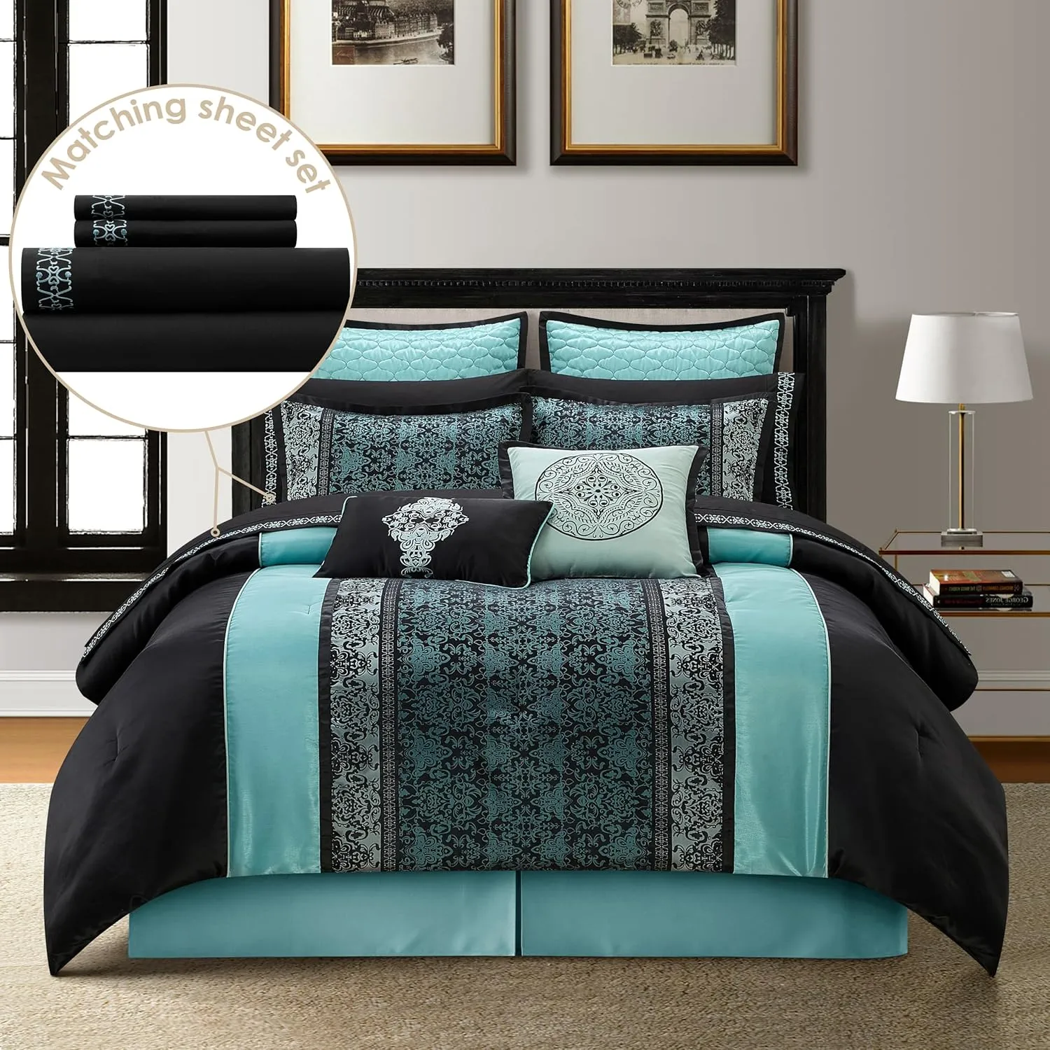 Stratford Park Black & Teal Comforter Set Queen Size, Classic Jacquard Bedding Sets, Faux Silk, Premium Microfiber, 12 Pieces Bed in a Bag, Matching Fitted Sheet, Flat Sheet