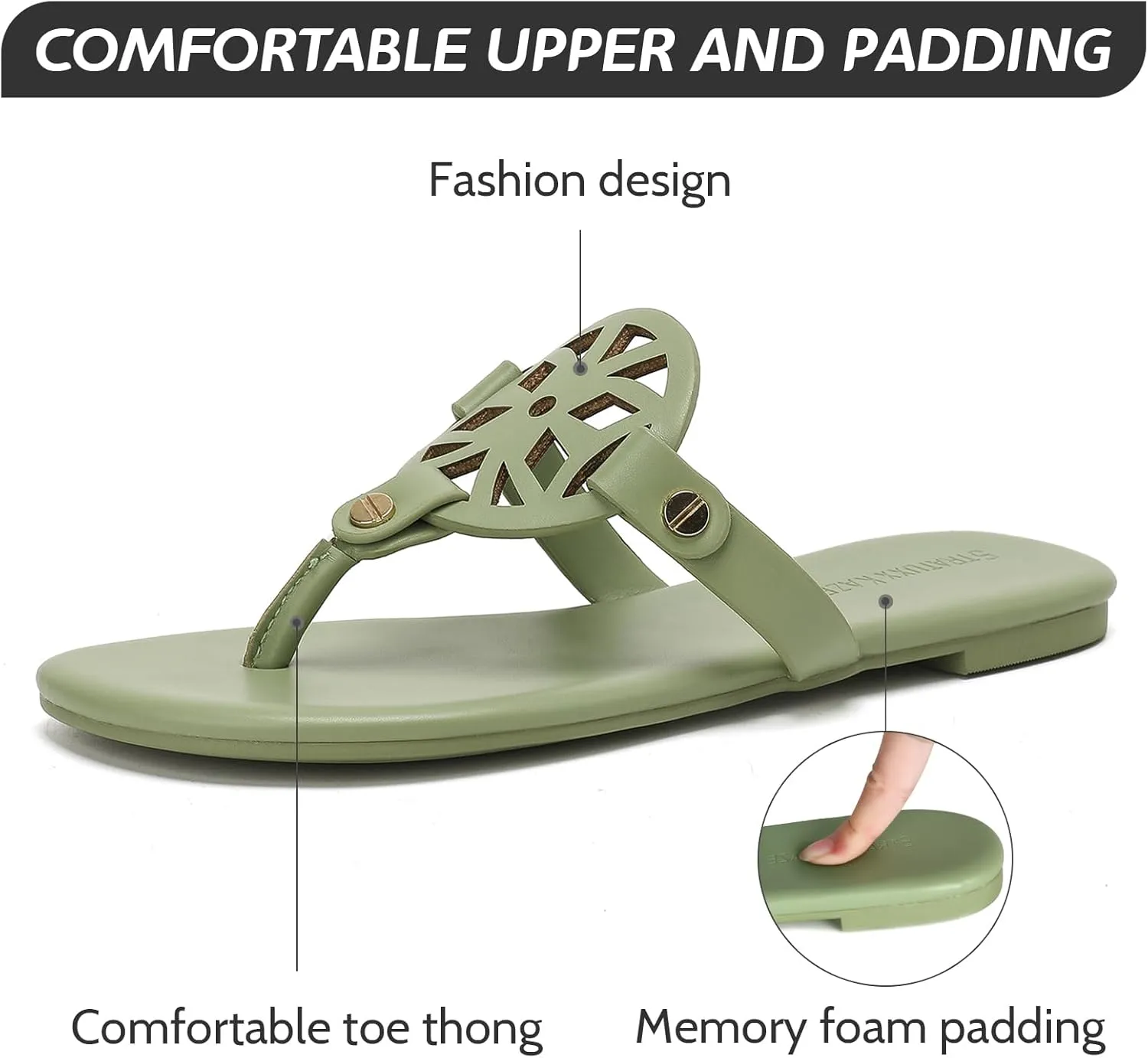 Stratuxx Kaze Flip Flops for Women with Memory Foam, Women's Flat Sandals Dressy Slide Sandals Comfortable Slippers for Women