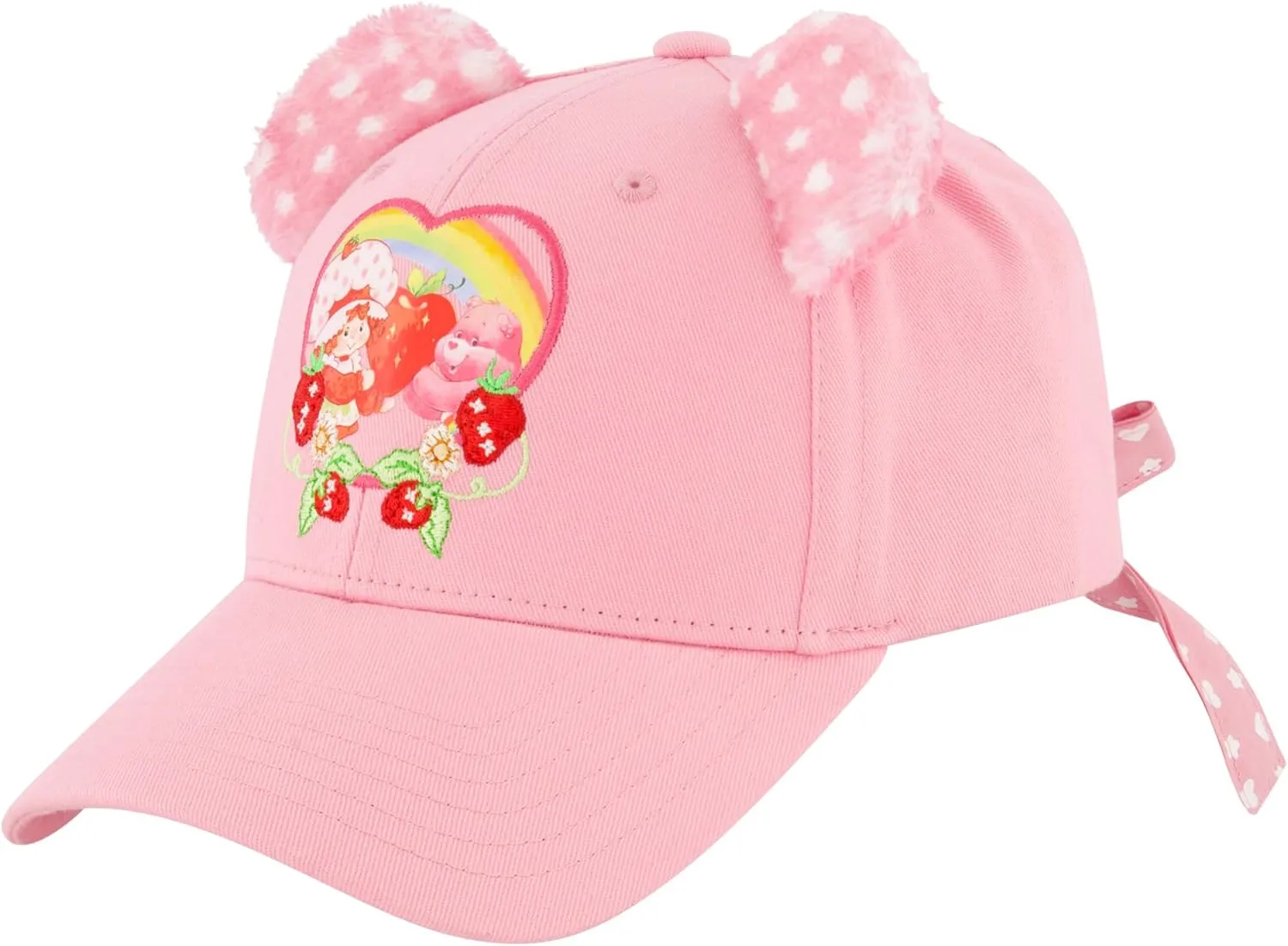 Strawberry Shortcake and Care Bears Trucker Hat, Cheer Bear Adult Bow Tie Baseball Cap with Curved Brim and 3D Ears, Pink, One Size