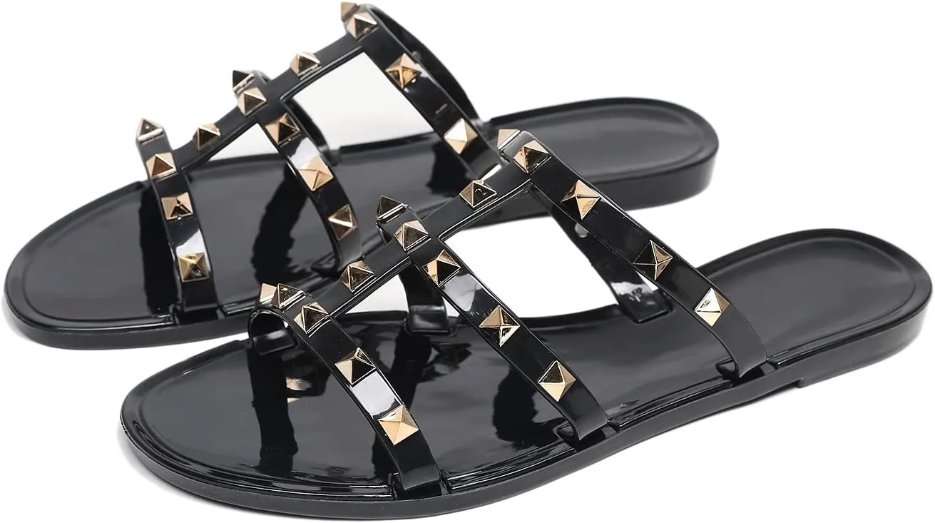 Studded Sandals for Womens Jelly Shoes Flats Stud Slides Slip On Dressy Black Jellies Slippers Summer Beach with Rivets