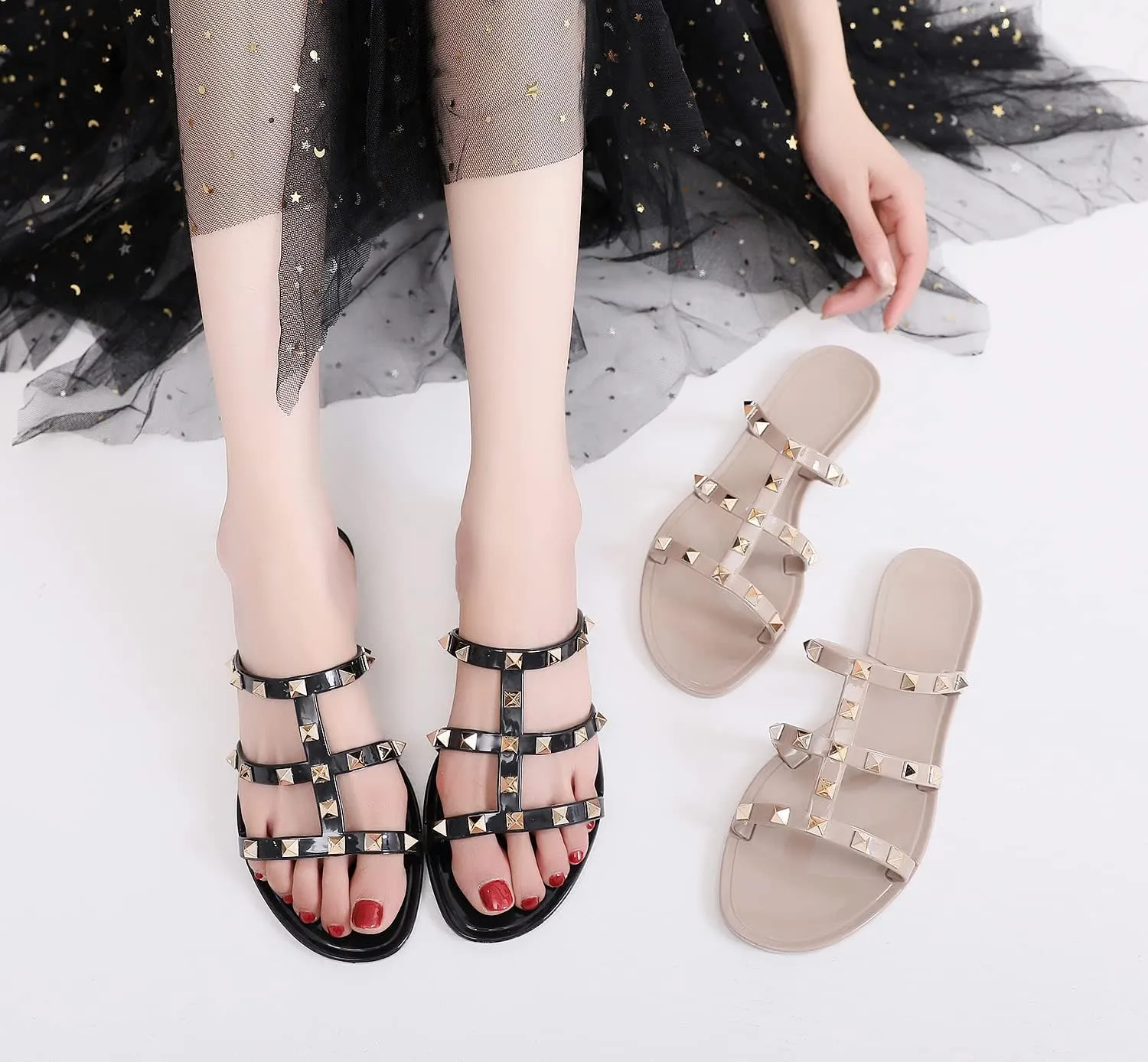Studded Sandals for Womens Jelly Shoes Flats Stud Slides Slip On Dressy Black Jellies Slippers Summer Beach with Rivets