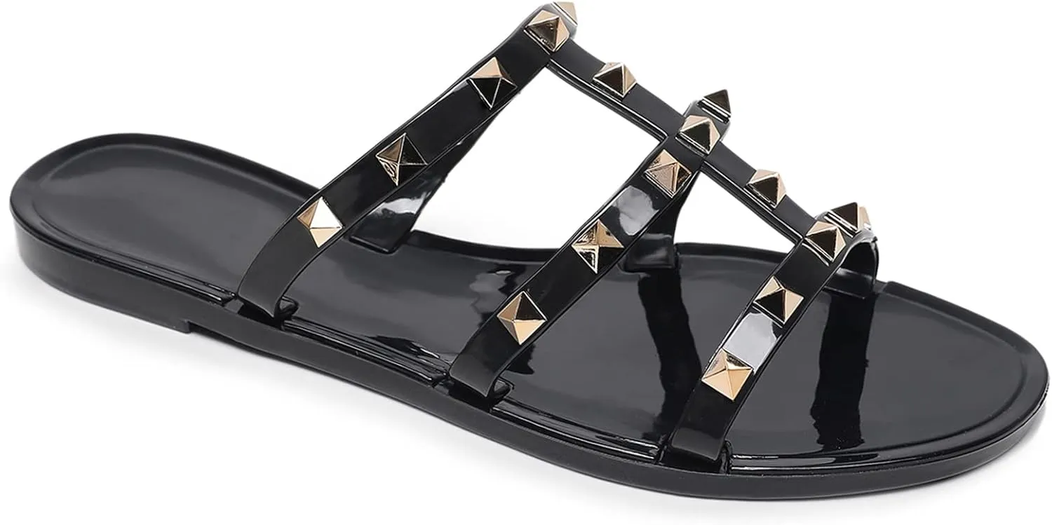 Studded Sandals for Womens Jelly Shoes Flats Stud Slides Slip On Dressy Black Jellies Slippers Summer Beach with Rivets