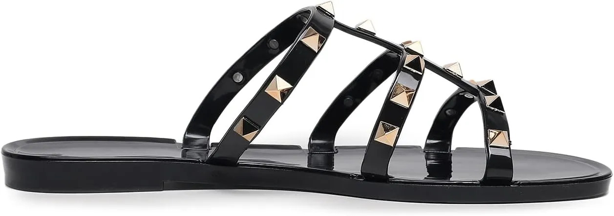Studded Sandals for Womens Jelly Shoes Flats Stud Slides Slip On Dressy Black Jellies Slippers Summer Beach with Rivets