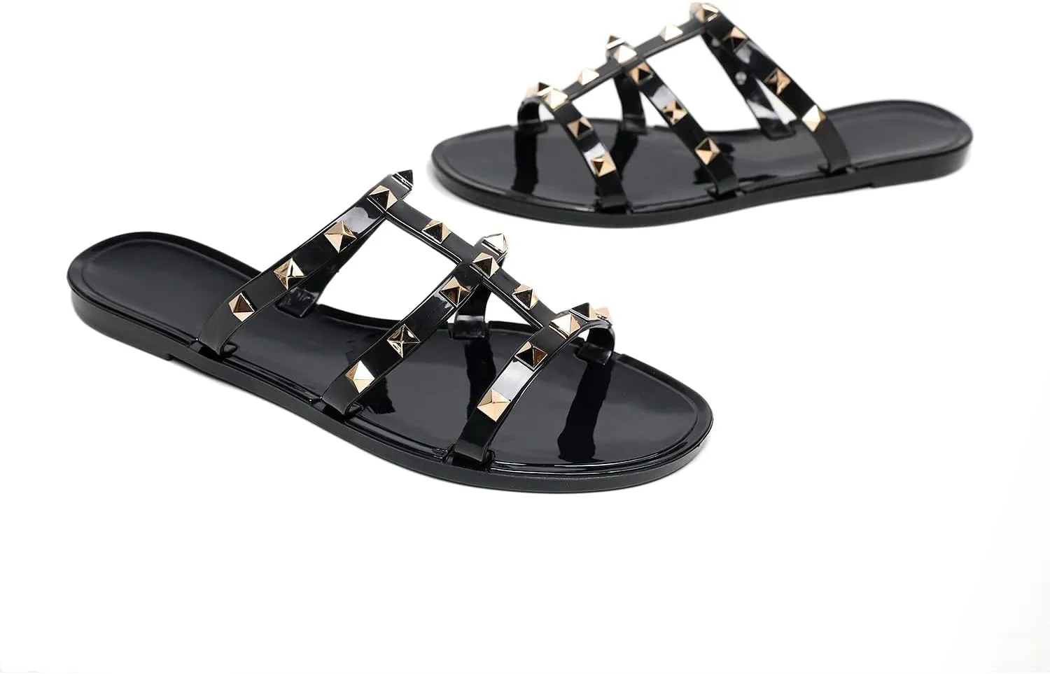 Studded Sandals for Womens Jelly Shoes Flats Stud Slides Slip On Dressy Black Jellies Slippers Summer Beach with Rivets