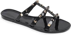 Studded Sandals for Womens Jelly Shoes Flats Stud Slides Slip On Dressy Black Jellies Slippers Summer Beach with Rivets