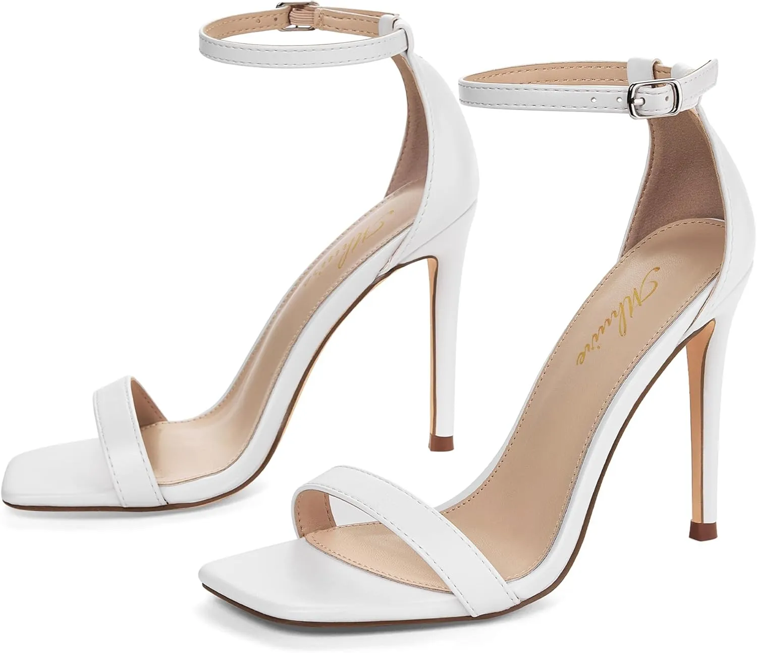 Stylish 4 IN Square Open Toe Ankle Strap Stiletto Heels for Women Plain Trendy Strappy Heeled Sandals
