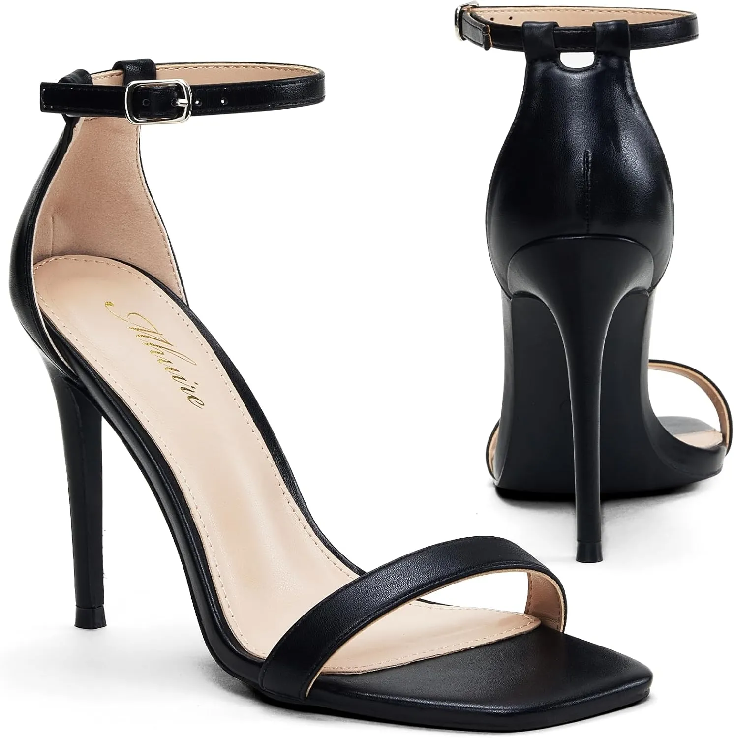 Stylish 4 IN Square Open Toe Ankle Strap Stiletto Heels for Women Plain Trendy Strappy Heeled Sandals