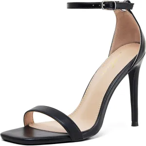 Stylish 4 IN Square Open Toe Ankle Strap Stiletto Heels for Women Plain Trendy Strappy Heeled Sandals