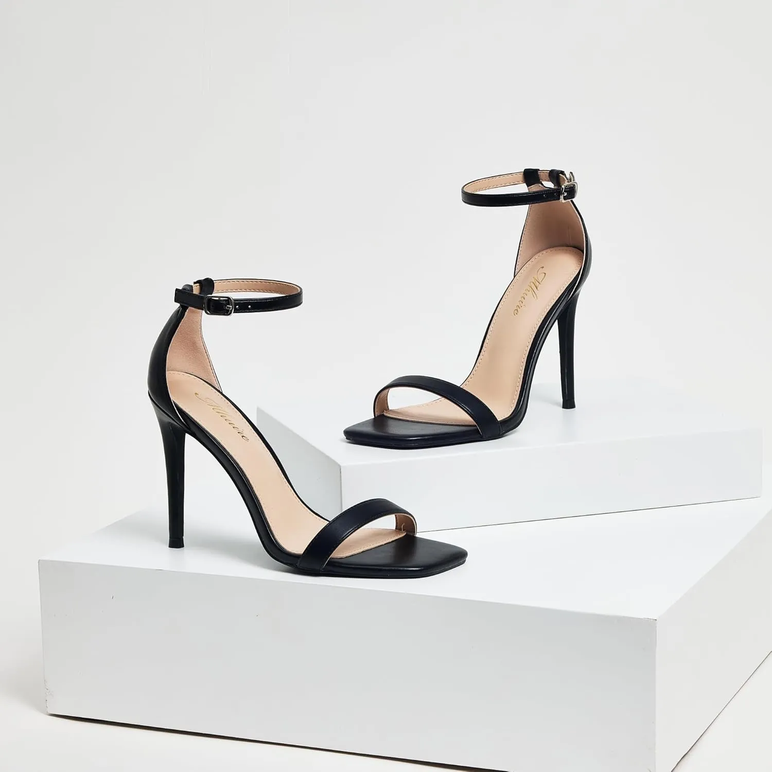 Stylish 4 IN Square Open Toe Ankle Strap Stiletto Heels for Women Plain Trendy Strappy Heeled Sandals