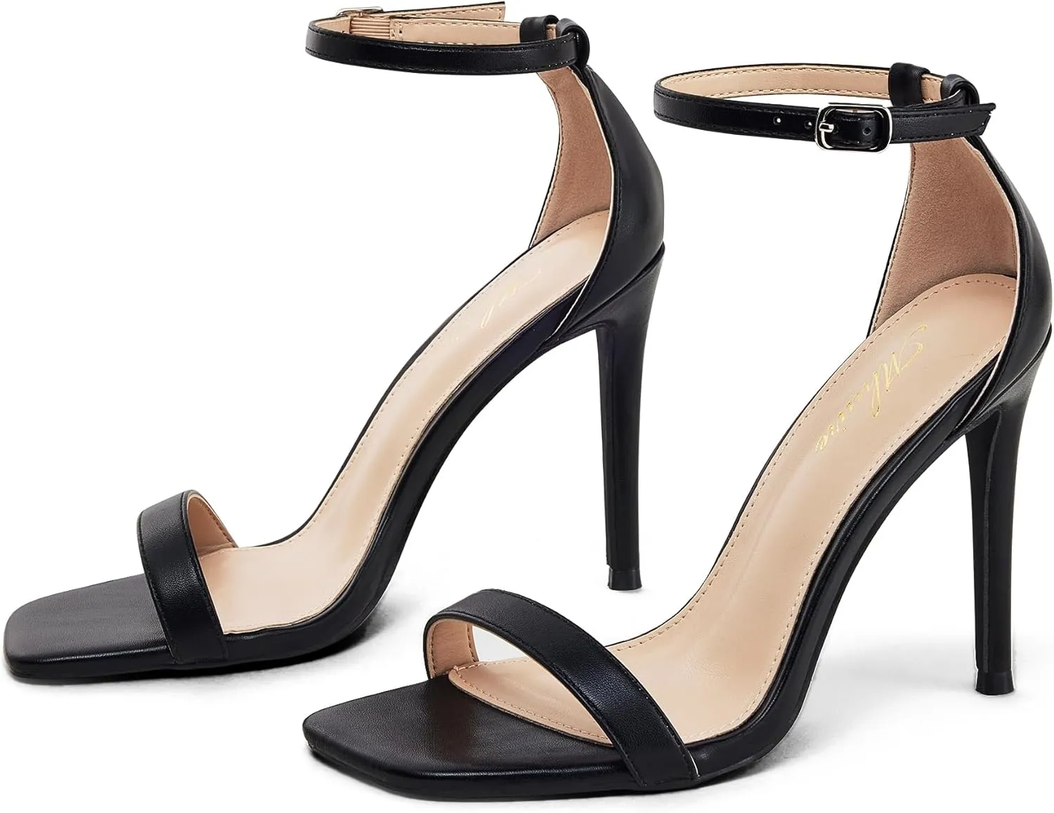 Stylish 4 IN Square Open Toe Ankle Strap Stiletto Heels for Women Plain Trendy Strappy Heeled Sandals