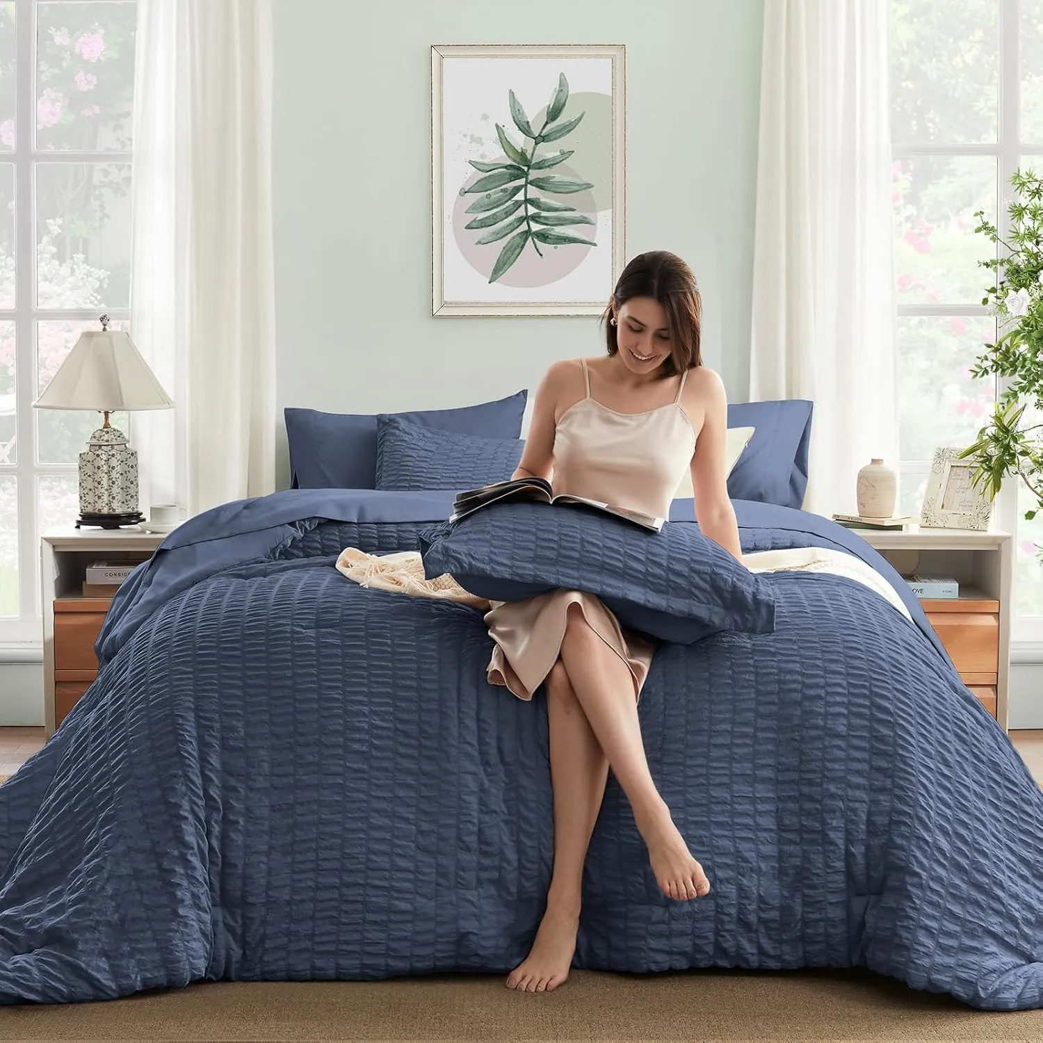 SunStyle Home Full/Queen Comforter Set 7 Pieces, Grayish Blue Seersucker Bed in a Bag Lightweight Bedding Set, All Season Comforters with Flat Sheet, Fitted Sheet, Pillowcase and Pillow Sham