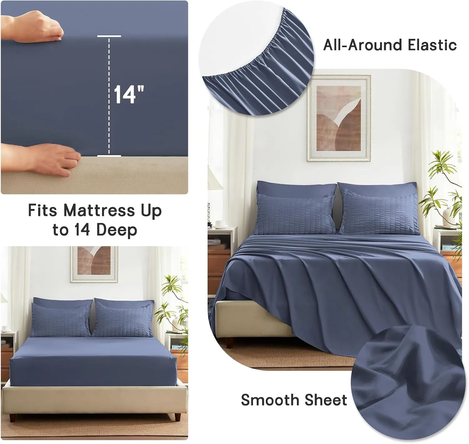 SunStyle Home Full/Queen Comforter Set 7 Pieces, Grayish Blue Seersucker Bed in a Bag Lightweight Bedding Set, All Season Comforters with Flat Sheet, Fitted Sheet, Pillowcase and Pillow Sham