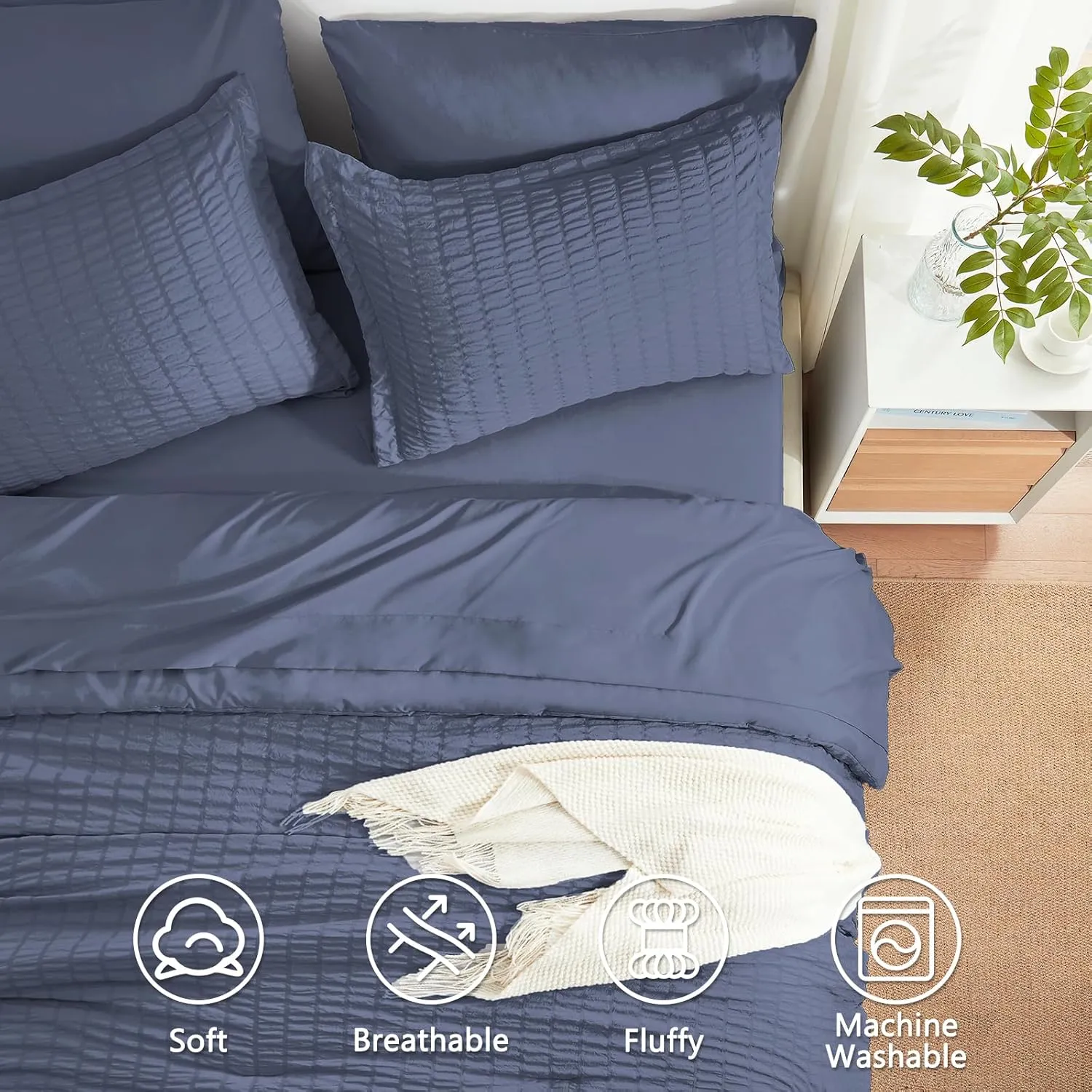 SunStyle Home Full/Queen Comforter Set 7 Pieces, Grayish Blue Seersucker Bed in a Bag Lightweight Bedding Set, All Season Comforters with Flat Sheet, Fitted Sheet, Pillowcase and Pillow Sham