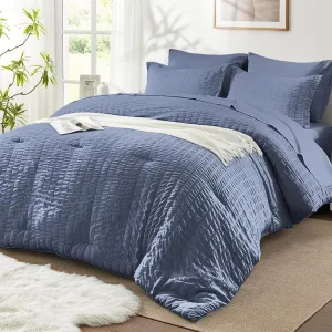 SunStyle Home Full/Queen Comforter Set 7 Pieces, Grayish Blue Seersucker Bed in a Bag Lightweight Bedding Set, All Season Comforters with Flat Sheet, Fitted Sheet, Pillowcase and Pillow Sham