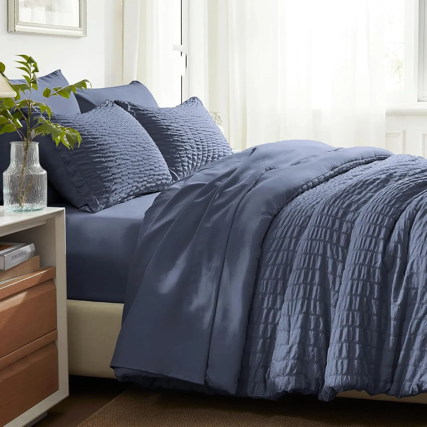 SunStyle Home Full/Queen Comforter Set 7 Pieces, Grayish Blue Seersucker Bed in a Bag Lightweight Bedding Set, All Season Comforters with Flat Sheet, Fitted Sheet, Pillowcase and Pillow Sham