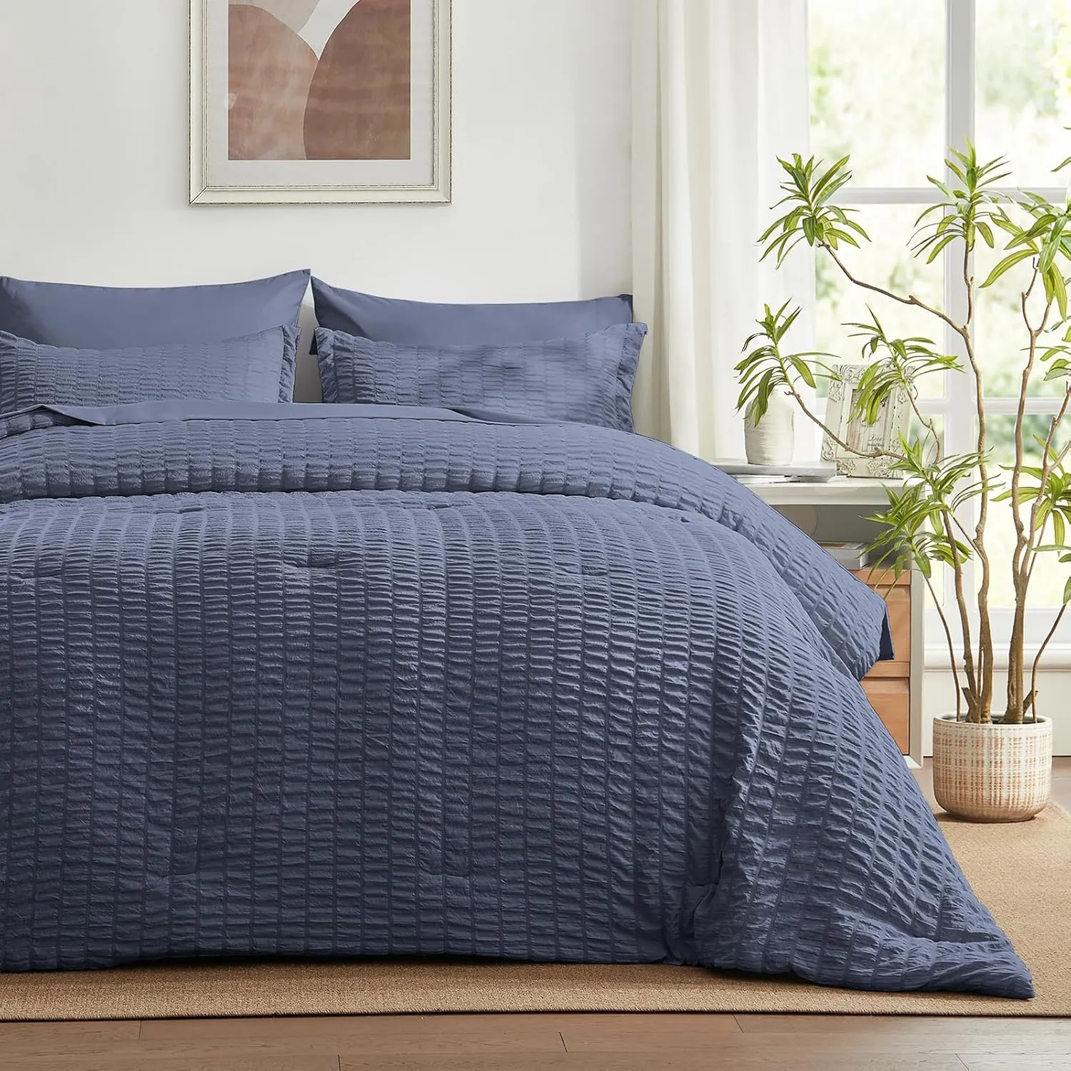 SunStyle Home Full/Queen Comforter Set 7 Pieces, Grayish Blue Seersucker Bed in a Bag Lightweight Bedding Set, All Season Comforters with Flat Sheet, Fitted Sheet, Pillowcase and Pillow Sham