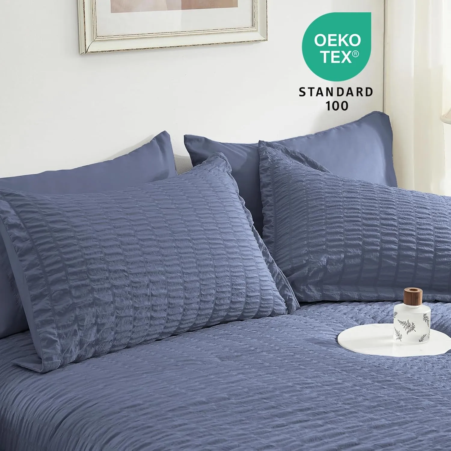 SunStyle Home Full/Queen Comforter Set 7 Pieces, Grayish Blue Seersucker Bed in a Bag Lightweight Bedding Set, All Season Comforters with Flat Sheet, Fitted Sheet, Pillowcase and Pillow Sham