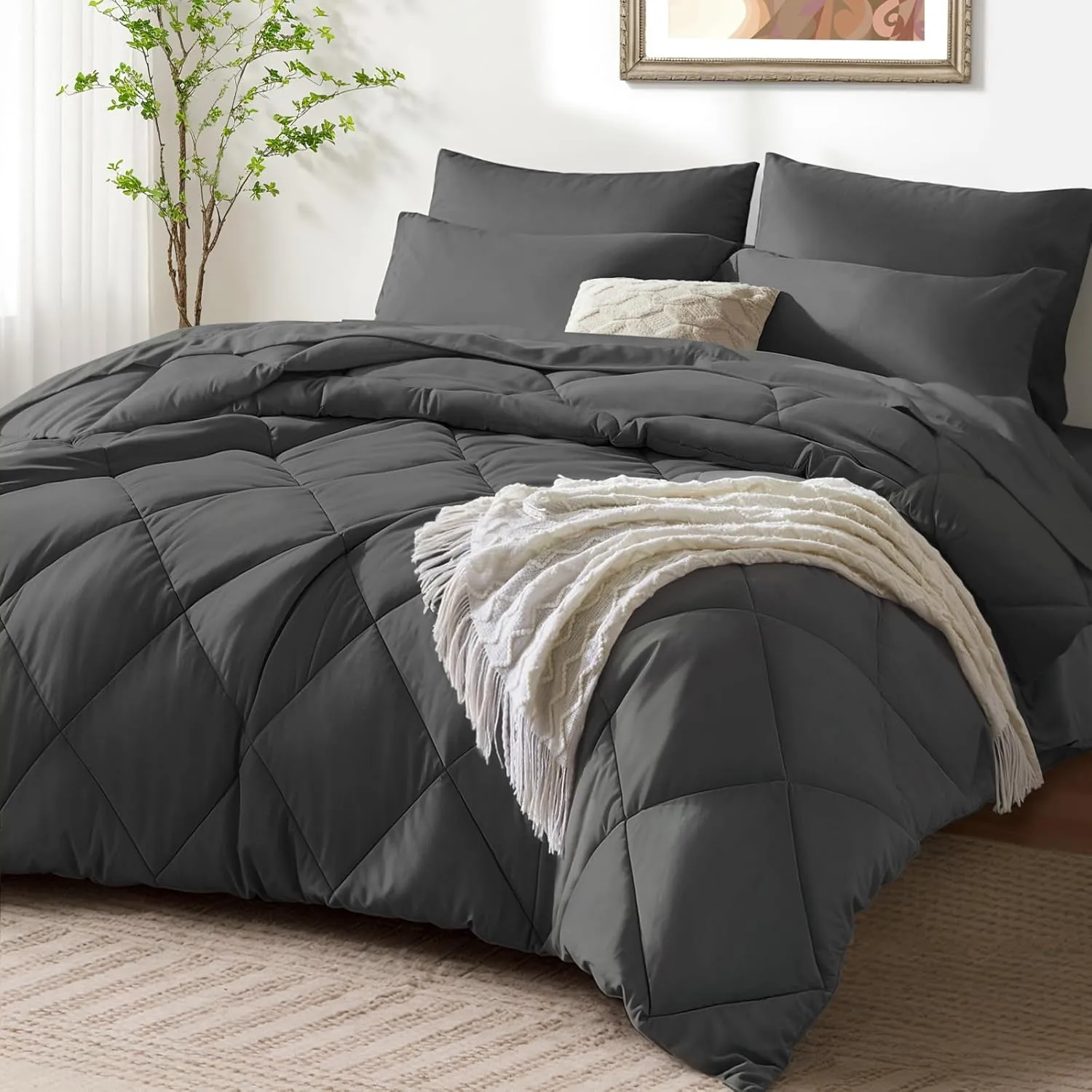 SunStyle Home Full/Queen Comforter Set Dark Grey, 7-Pieces Bed in a Bag Queen Size, All Season Bedding Sets with Comforter, Flat Sheet, Fitted Sheet Pillow Shams and Pillowcases