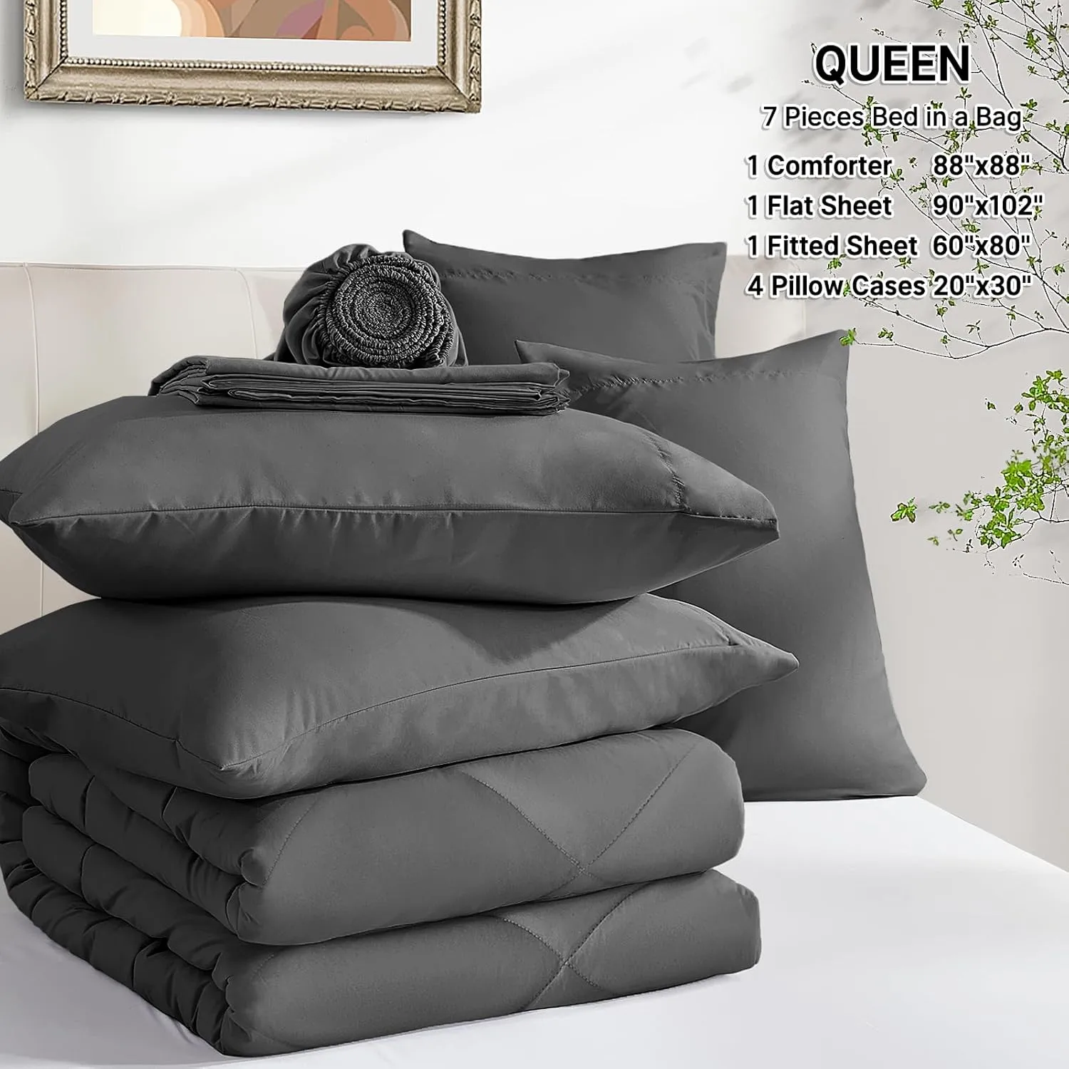 SunStyle Home Full/Queen Comforter Set Dark Grey, 7-Pieces Bed in a Bag Queen Size, All Season Bedding Sets with Comforter, Flat Sheet, Fitted Sheet Pillow Shams and Pillowcases