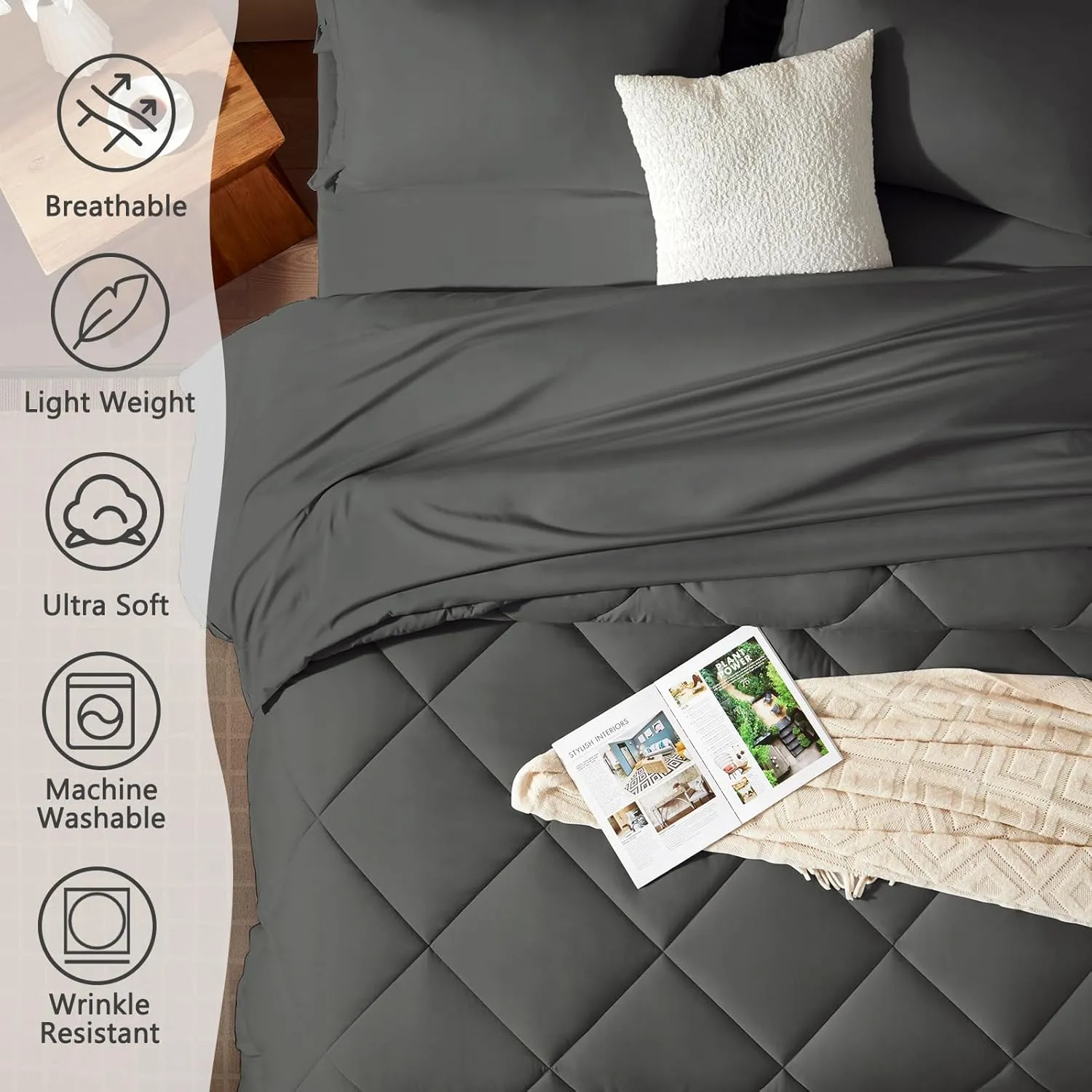 SunStyle Home Full/Queen Comforter Set Dark Grey, 7-Pieces Bed in a Bag Queen Size, All Season Bedding Sets with Comforter, Flat Sheet, Fitted Sheet Pillow Shams and Pillowcases