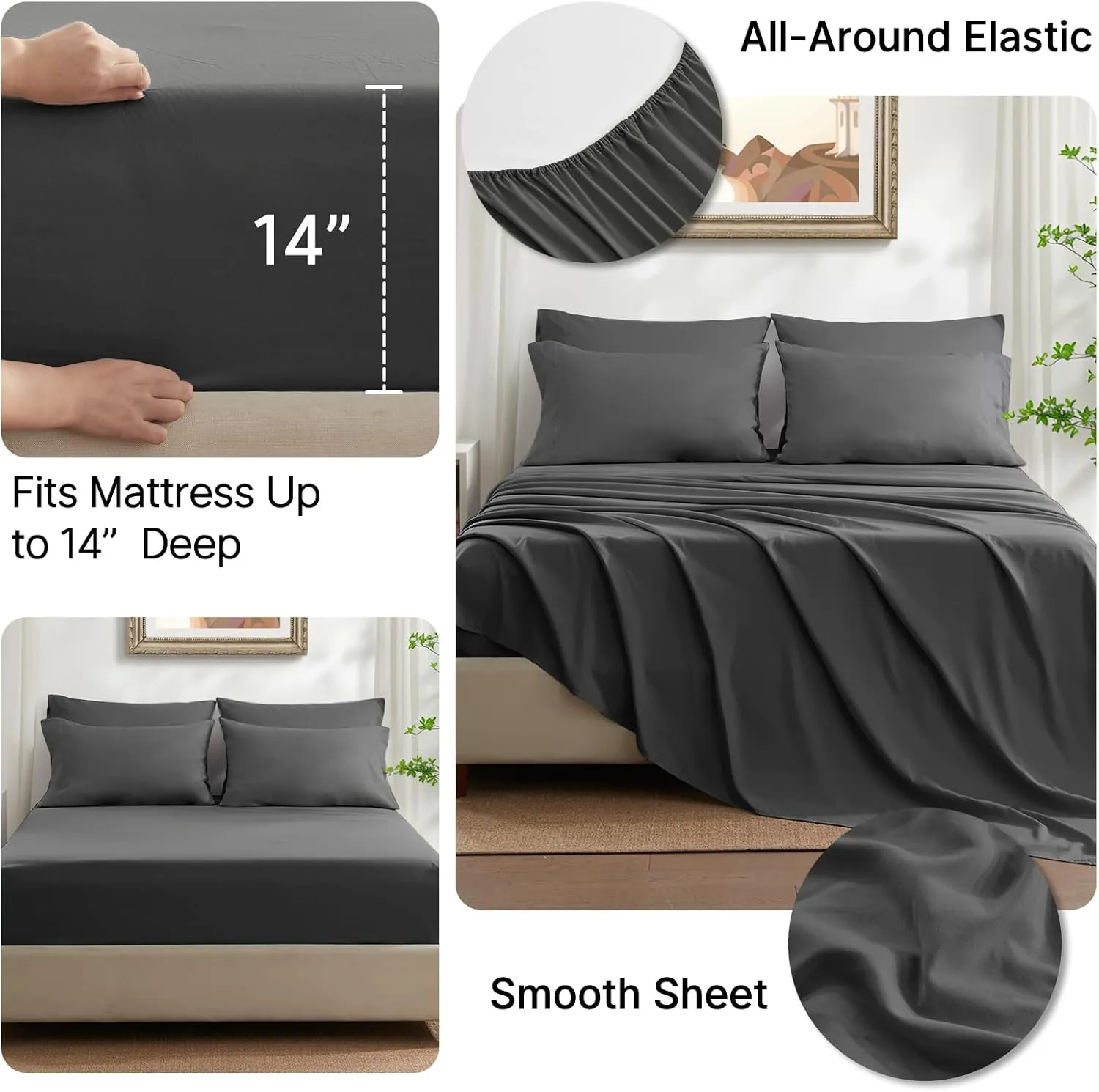 SunStyle Home Full/Queen Comforter Set Dark Grey, 7-Pieces Bed in a Bag Queen Size, All Season Bedding Sets with Comforter, Flat Sheet, Fitted Sheet Pillow Shams and Pillowcases