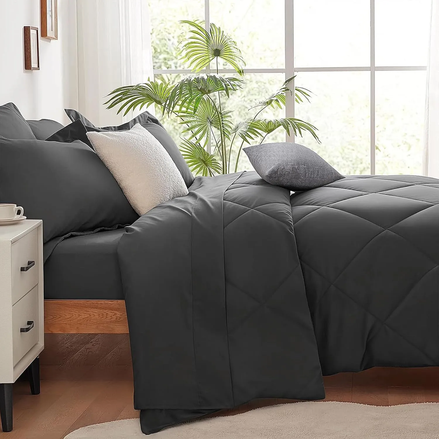 SunStyle Home Full/Queen Comforter Set Dark Grey, 7-Pieces Bed in a Bag Queen Size, All Season Bedding Sets with Comforter, Flat Sheet, Fitted Sheet Pillow Shams and Pillowcases
