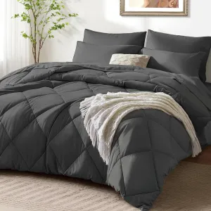 SunStyle Home Full/Queen Comforter Set Dark Grey, 7-Pieces Bed in a Bag Queen Size, All Season Bedding Sets with Comforter, Flat Sheet, Fitted Sheet Pillow Shams and Pillowcases