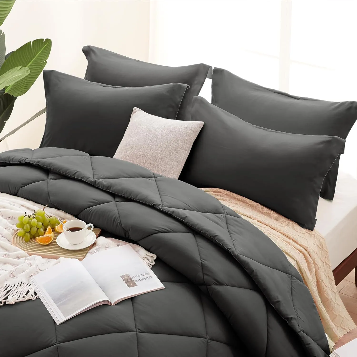 SunStyle Home Full/Queen Comforter Set Dark Grey, 7-Pieces Bed in a Bag Queen Size, All Season Bedding Sets with Comforter, Flat Sheet, Fitted Sheet Pillow Shams and Pillowcases