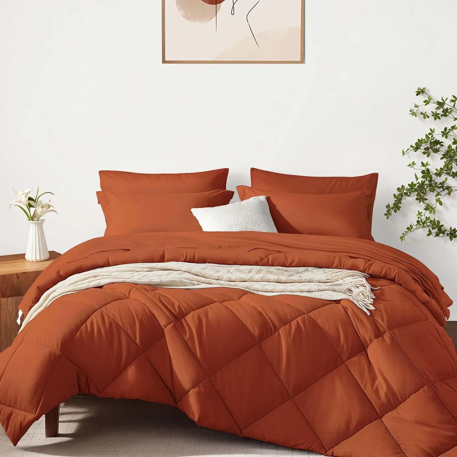 SunStyle Home Full/Queen Comforter Sets, 7-Pieces Bed in a Bag with Comforter and Sheets, All Season Bedding Sets with Comforter, Flat Sheet, Fitted Sheet Pillow Shams and Pillowcases (Burnt Orange)